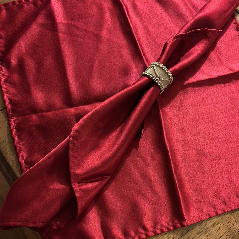 Chic Red Satin Napkin with Ornate Silver Ring